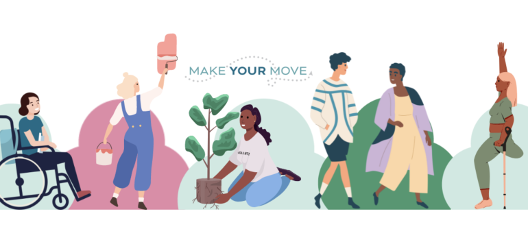 illustrated group of people of different abilities being active