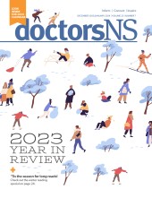 Illustration of people participating in various winter activities on the cover of the December 2023/January 2024 issue of doctorsNS magazine